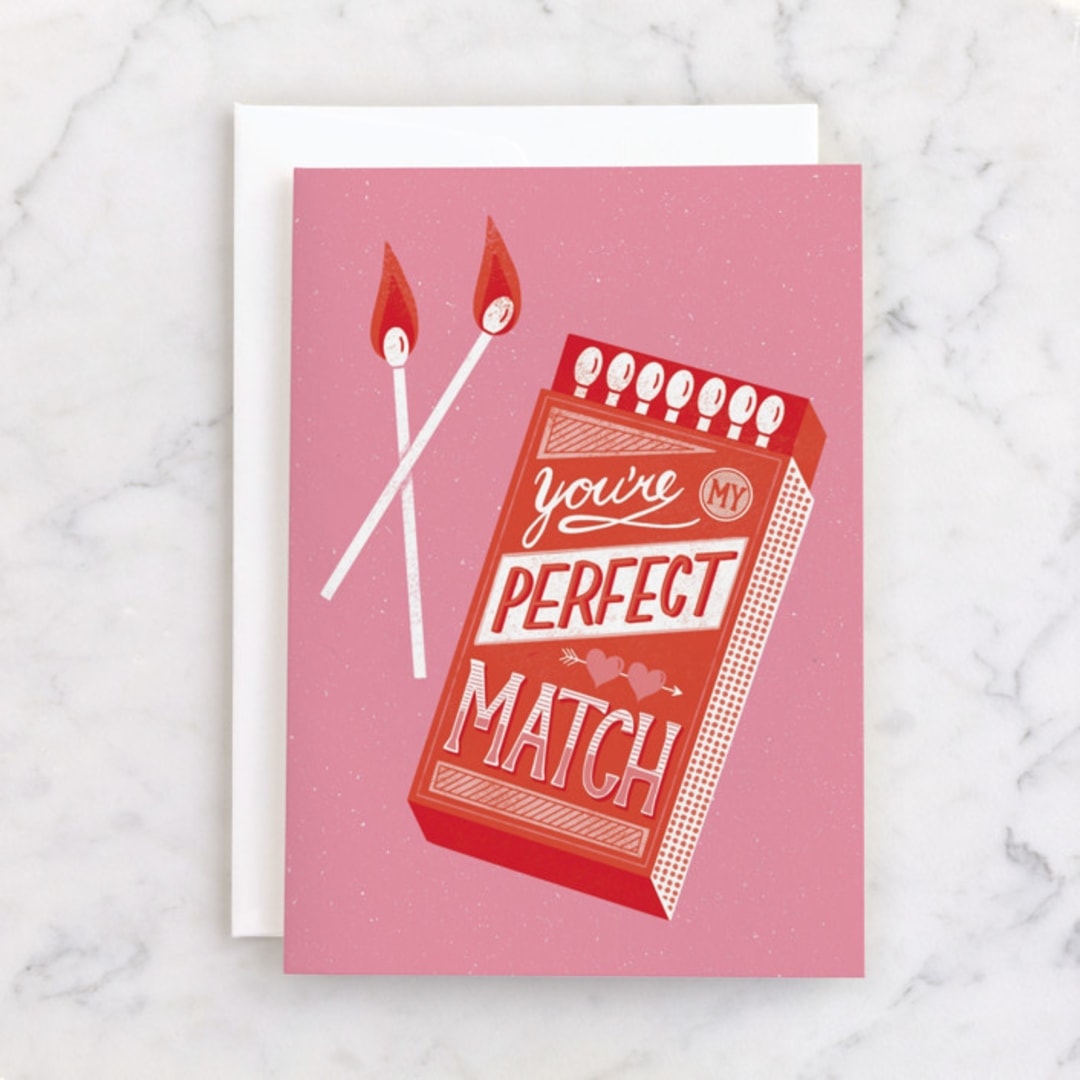 "Perfect Match" - Single Greeting Cards in Bubblegum by Jess Miller Draws - Front