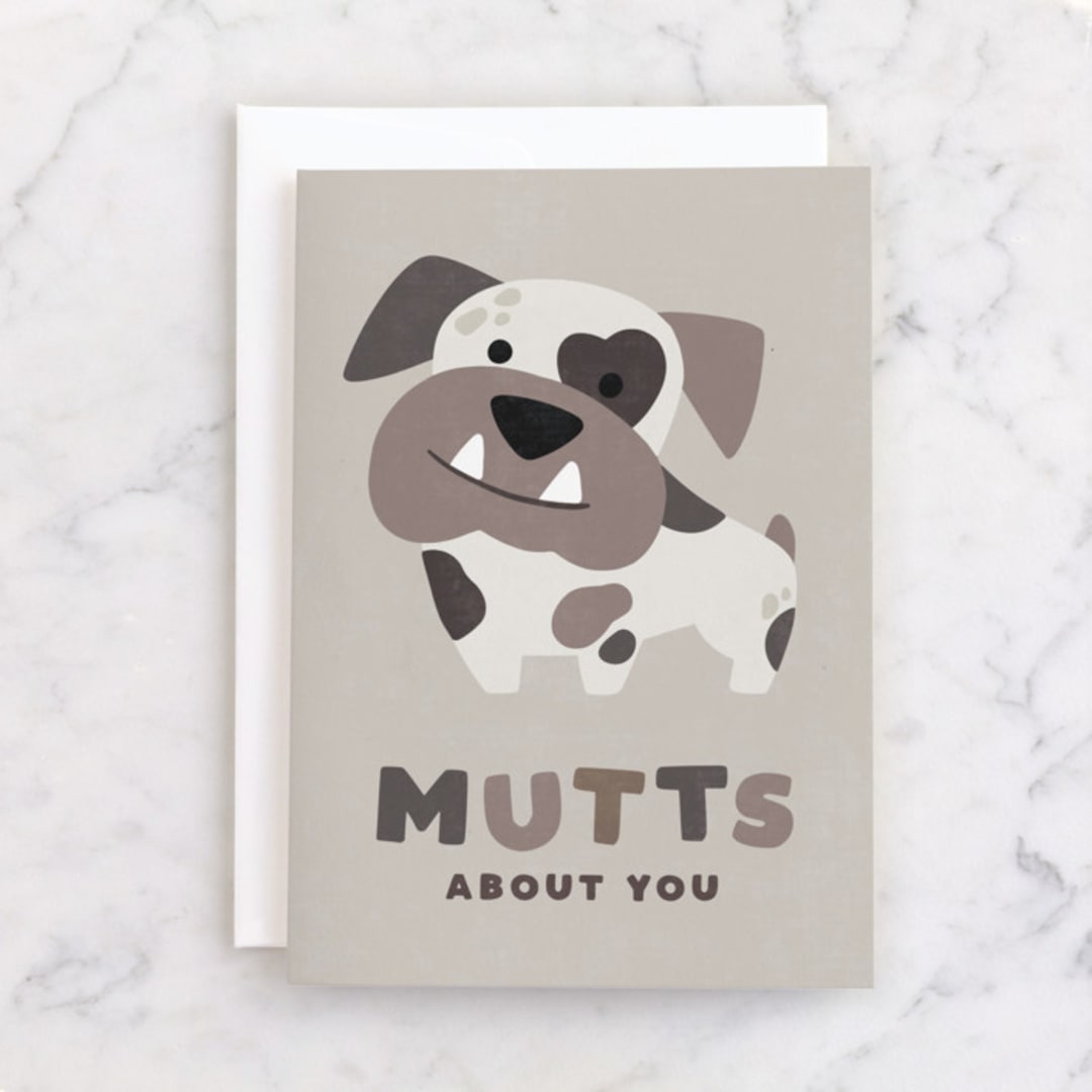 "Mutts About You" - Single Greeting Cards in Ash by Jessie Steury - Front