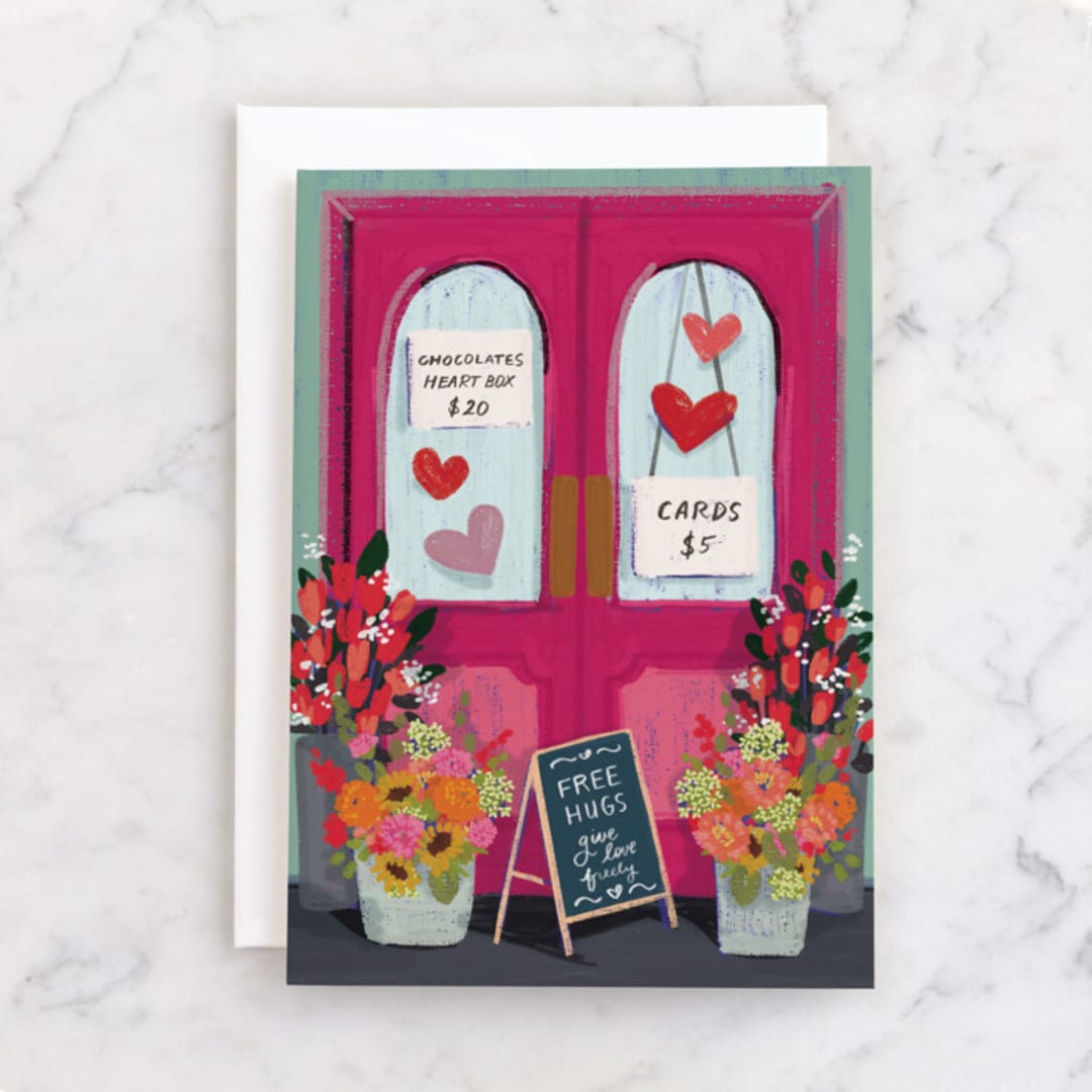"Valentine Gift Shop" - Single Greeting Cards in Azalea by Becky Nimoy - Front