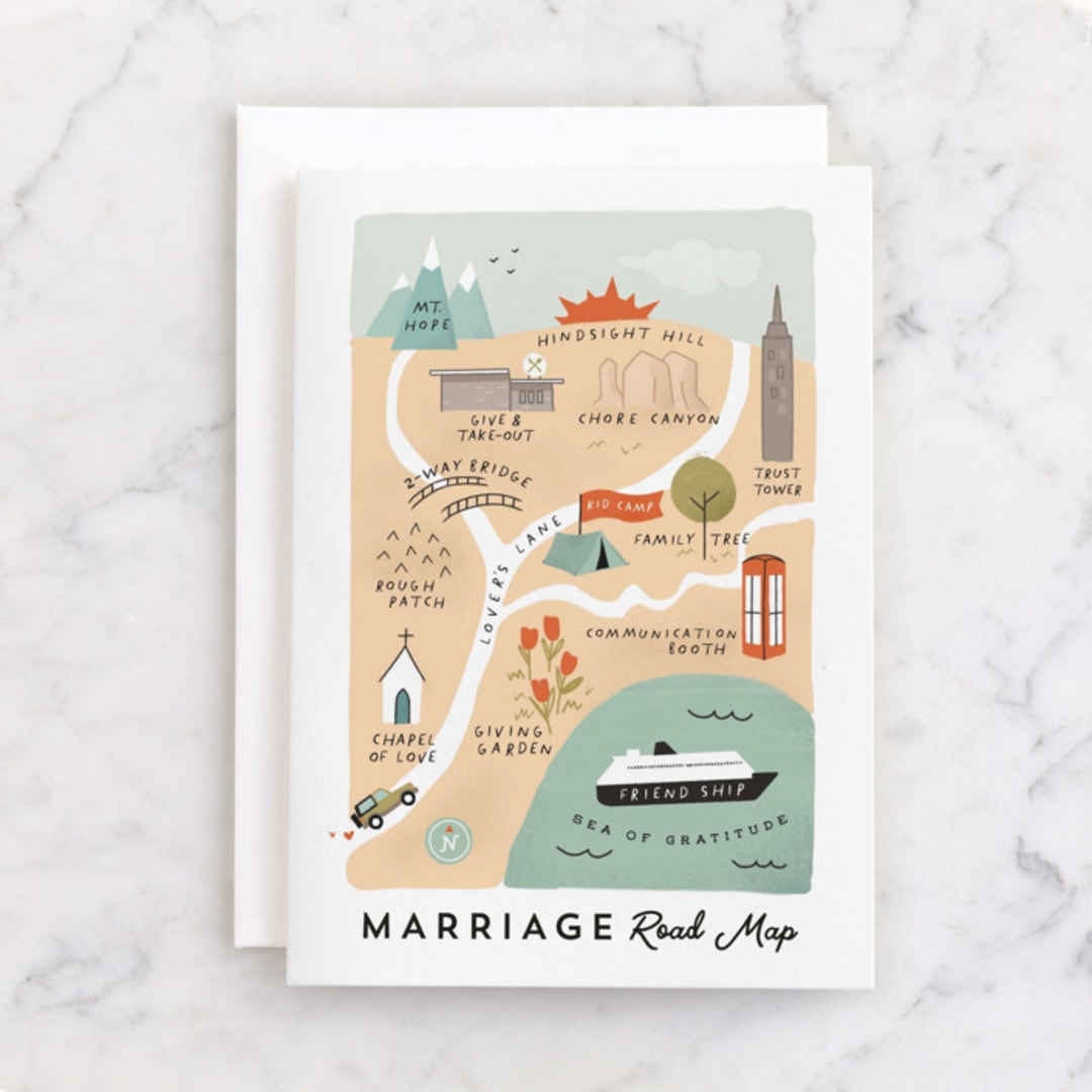 "Marriage Road Map" - Single Greeting Cards in Coral by Crystal Cline - Front