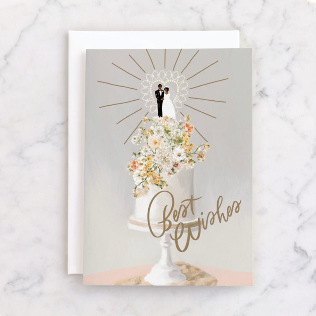 "Best Wishes Wedding Cake" - Single Greeting Cards in Mist by Marabou Design - Front
