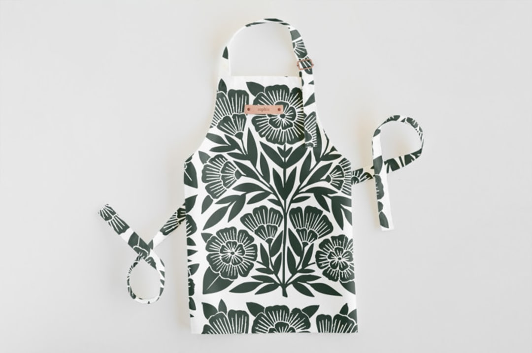 "Block Print Floral" - Personalizable Children's Apron in Dark Teal by Katharine Watson - Personalizable Apron