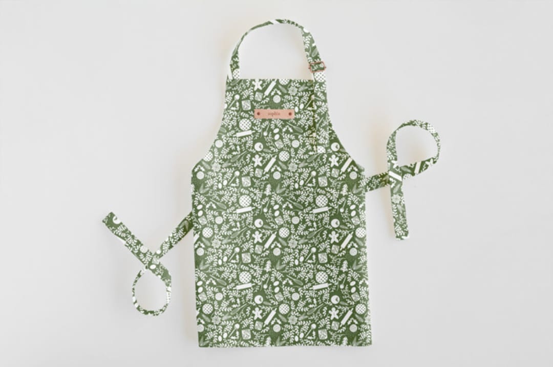 "A Baker's Holiday" - Personalizable Children's Apron in Sage by Jaclyn Ruble - Personalizable Apron