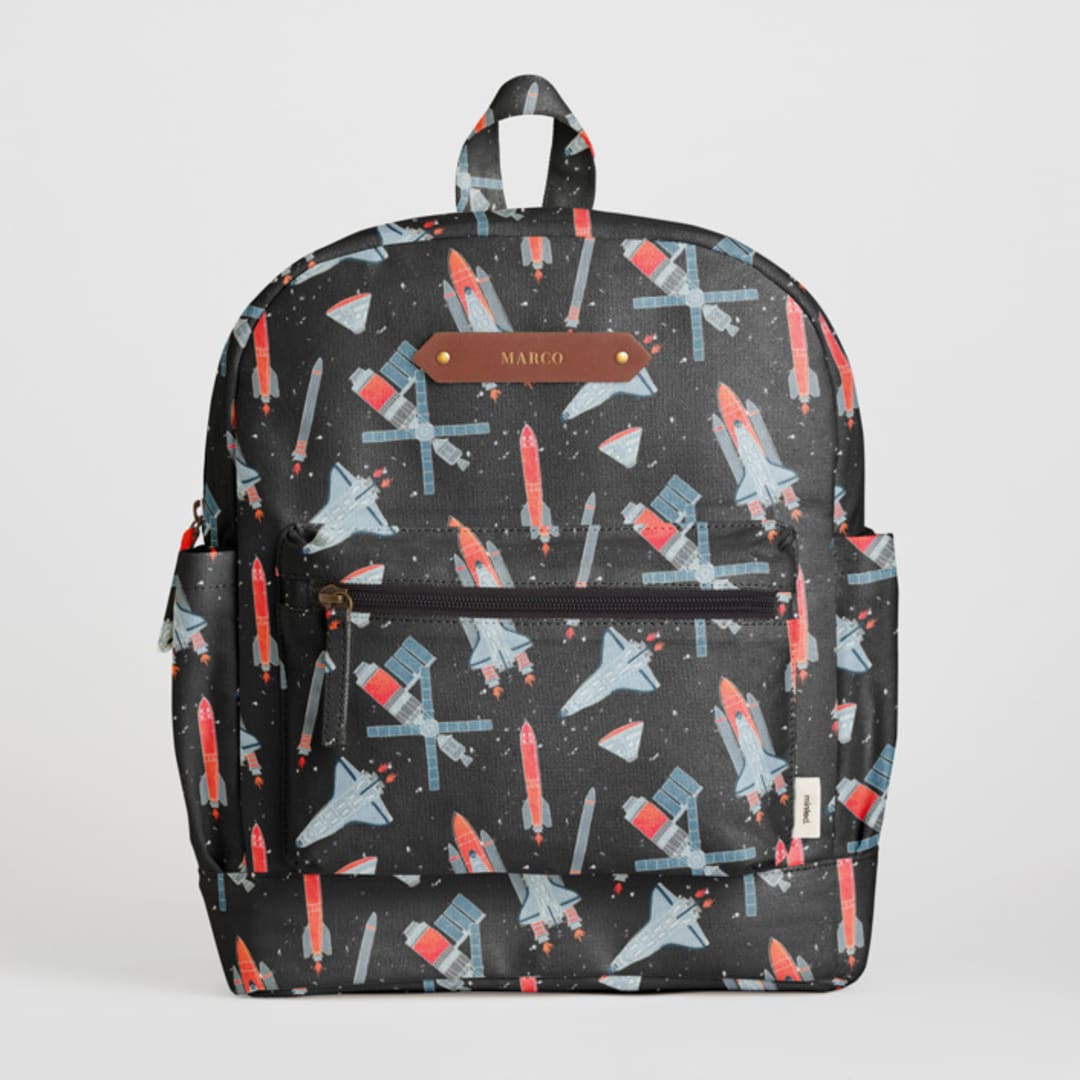 "Space Odyssey" - Small Backpack in Black by Meggy Masters - Front with Optional Personalization