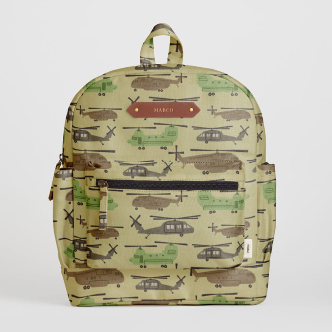 "Chopters" - Small Backpack in Tan by Rebecca Smith - Front with Optional Personalization
