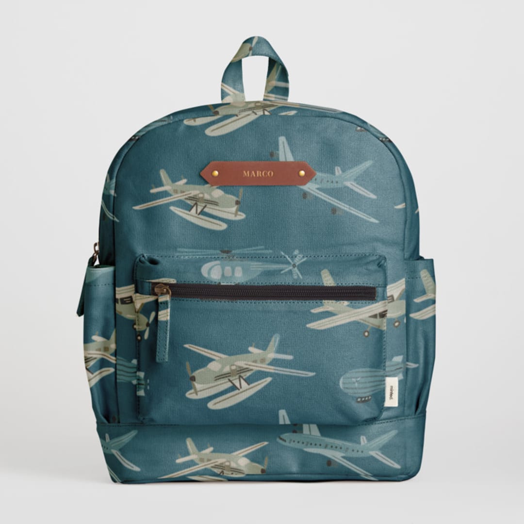 "Up in the Sky" - Small Backpack in Pewter by Jennifer Holbrook - Front with Optional Personalization