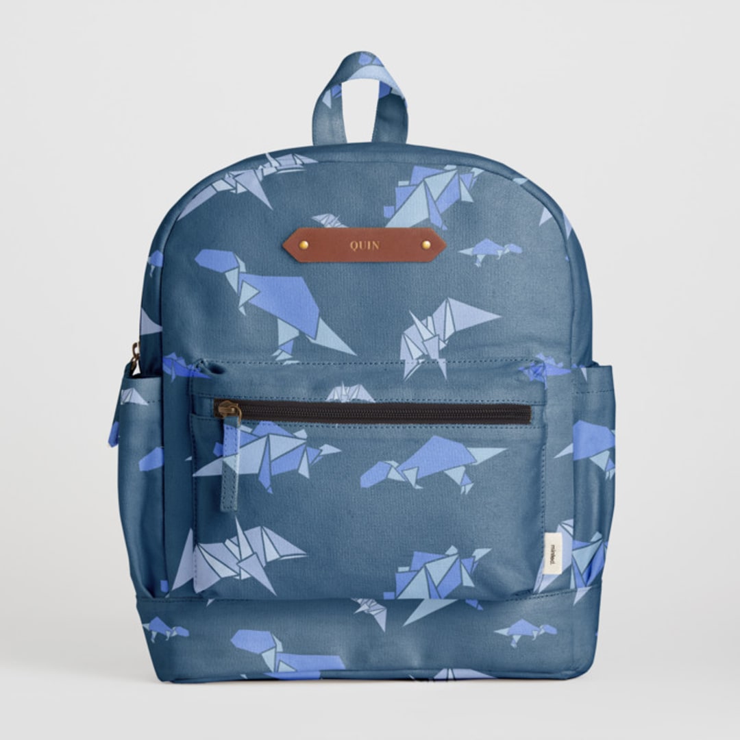 "Dinogami" - Small Backpack in Indigo by Tamara Hilje - Front with Optional Personalization
