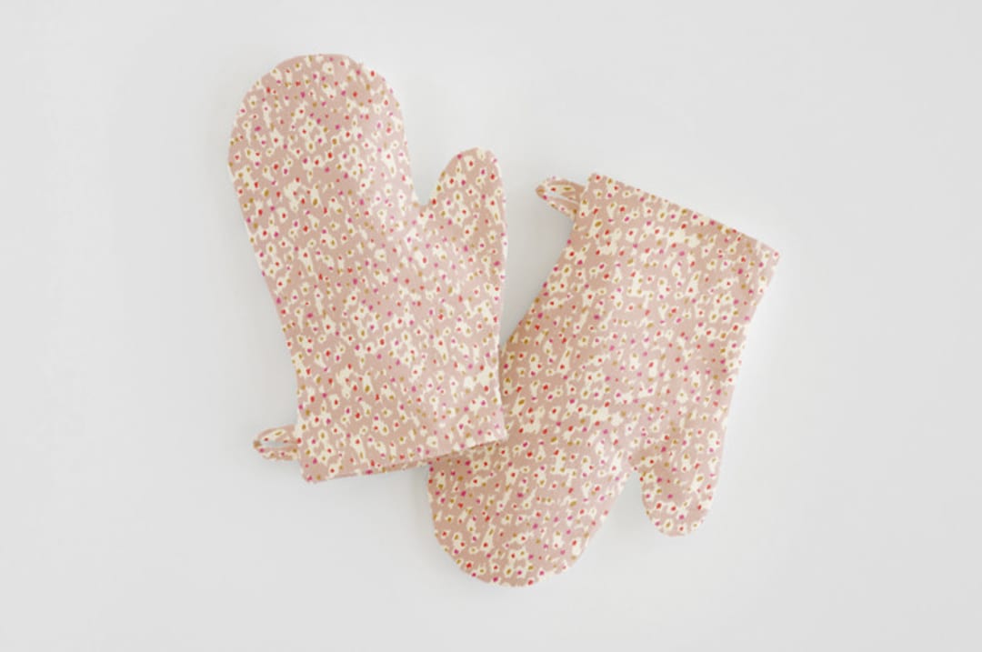 "Animal Dots" - Children's Oven Mitt Set in Tan by Michelle Fifis - Overhead