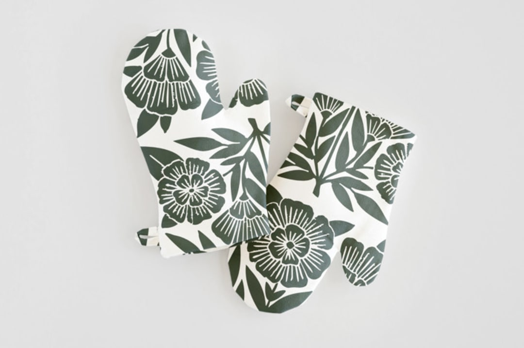 "Block Print Floral" - Children's Oven Mitt Set in Dark Teal by Katharine Watson - Overhead