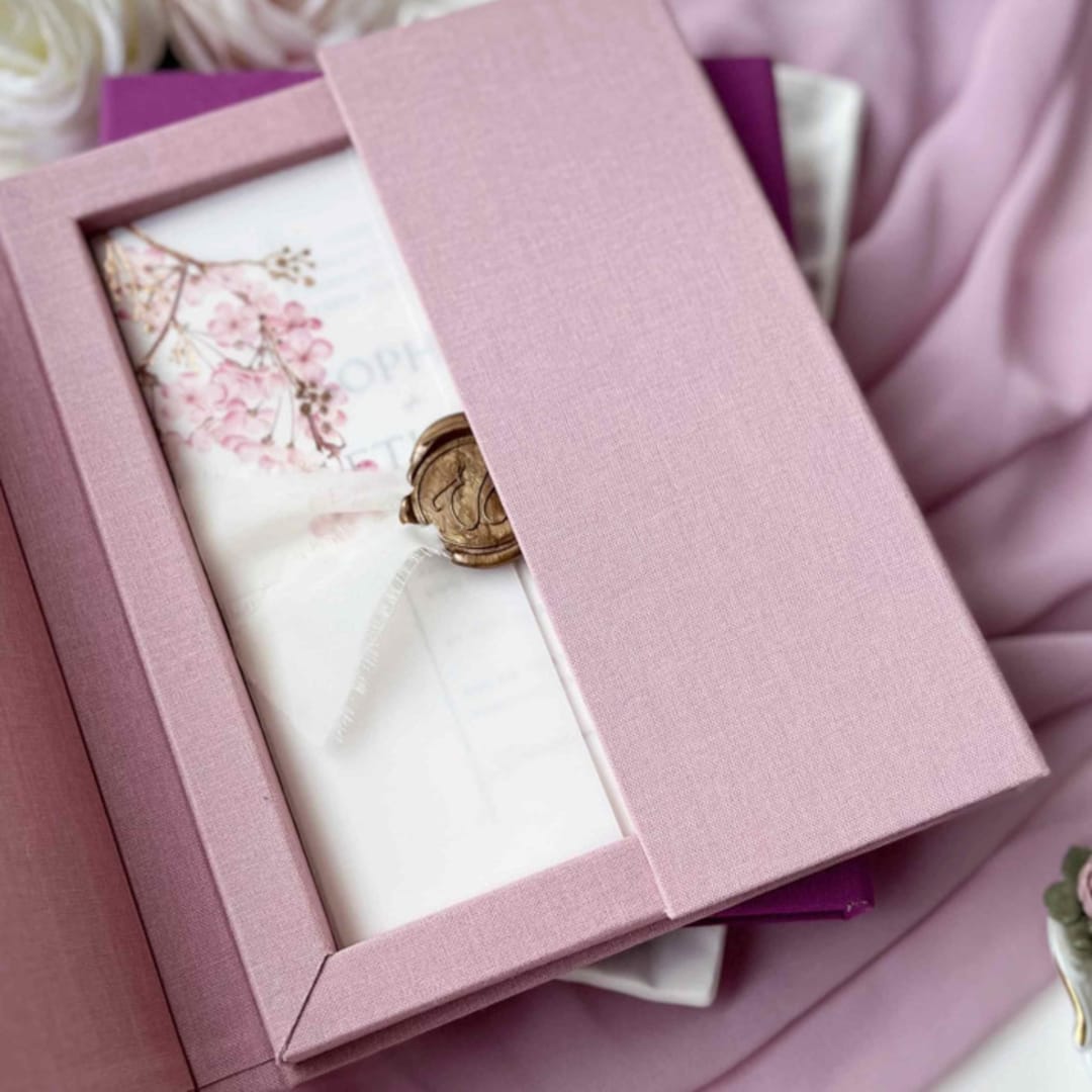 Gatefold Linen Box for 5x7 Wedding Invitation with Magnetic Closure, Misty Rose Personalized Keepsake Box