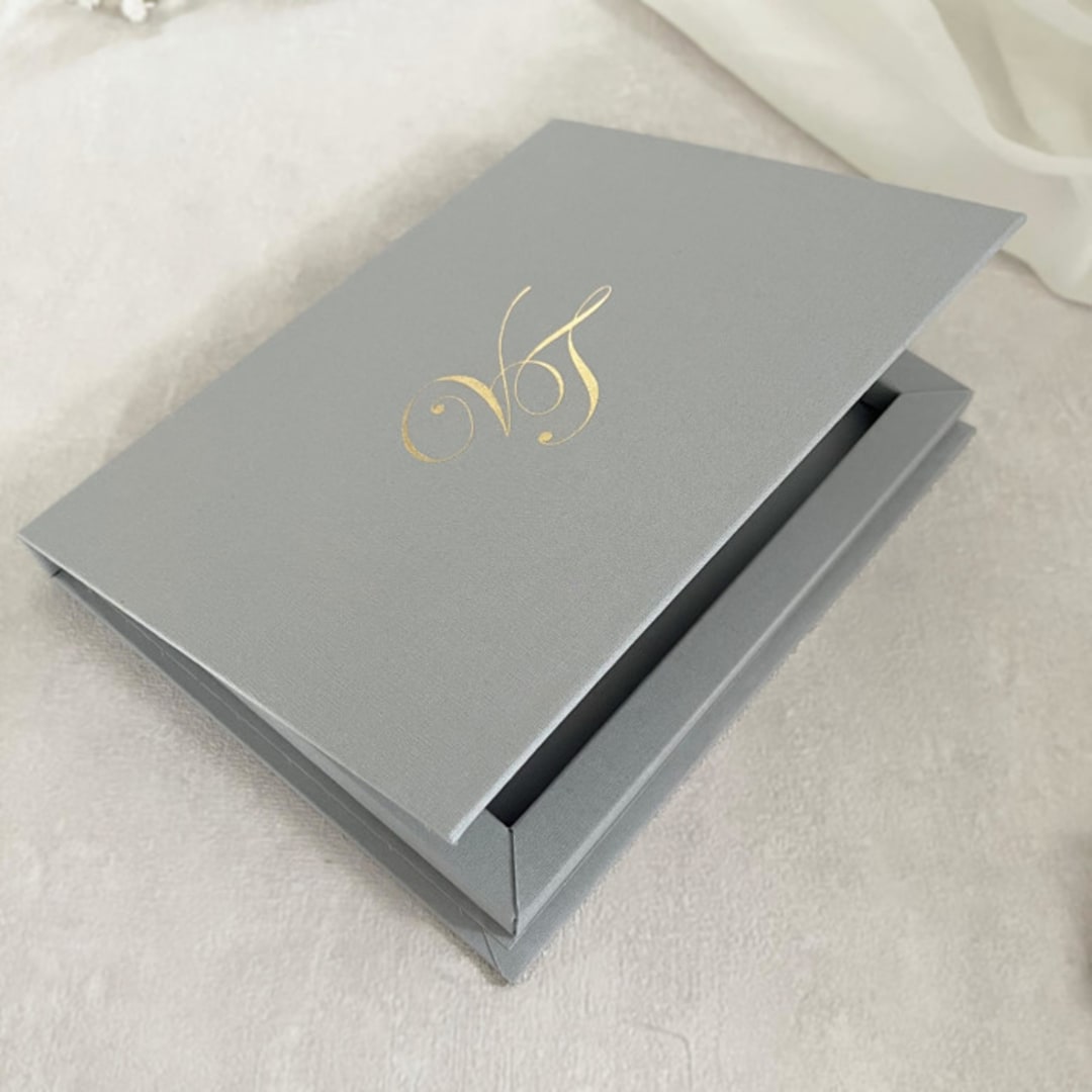 "Custom Gold Foil Initials Linen Keepsake Box for 5x7 Invitation" - Keepsake Boxes in gray by Self Stationery