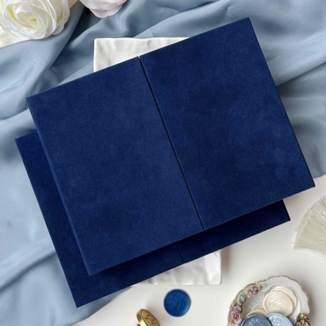 "Royal Blue Velvet Box for 5x7 Acrylic Invitation, Navy Gatefold Invitation Box, Keepsake" - Keepsake Boxes in blue by Self Stationery