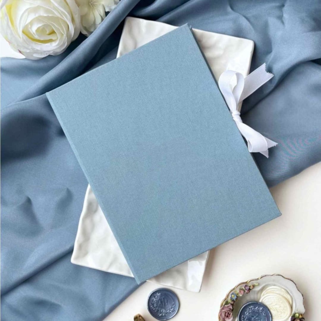 "Linen Matted Folio for 5x7 Cards - Dusty Blue, Wedding Photo Folio, Keepsake" - Keepsake Boxes in blue by Self Stationery