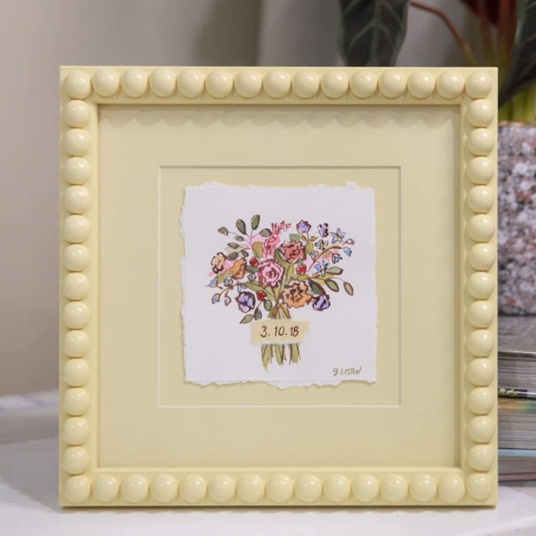 "Custom Bouquet Art in Butter Yellow Frame" - Keepsake Art in yellow by Lily Field Studio