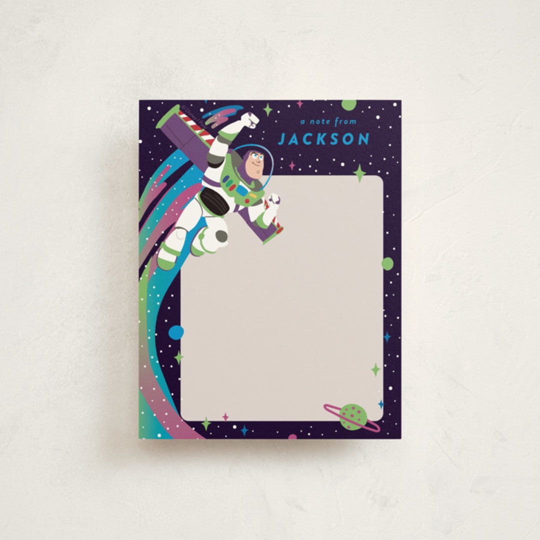 "Disney and Pixar birthday Buzz" - Children’s Stationery in Night Sky by Katie Zimpel - Front