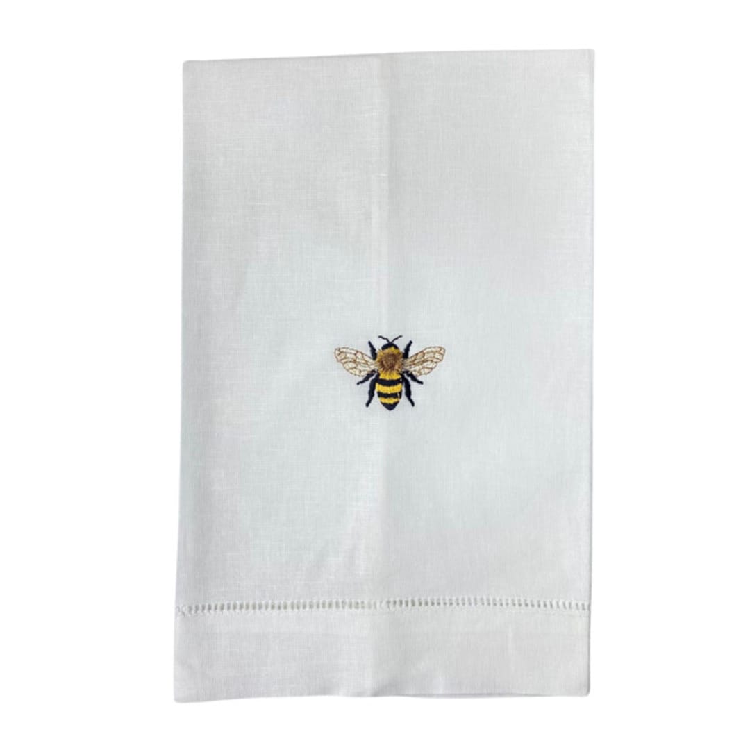 "Linen Hand Towel Embroidered with Bespoke Bumble Bee Design" - Tea Towels in white by Virginia Marcello