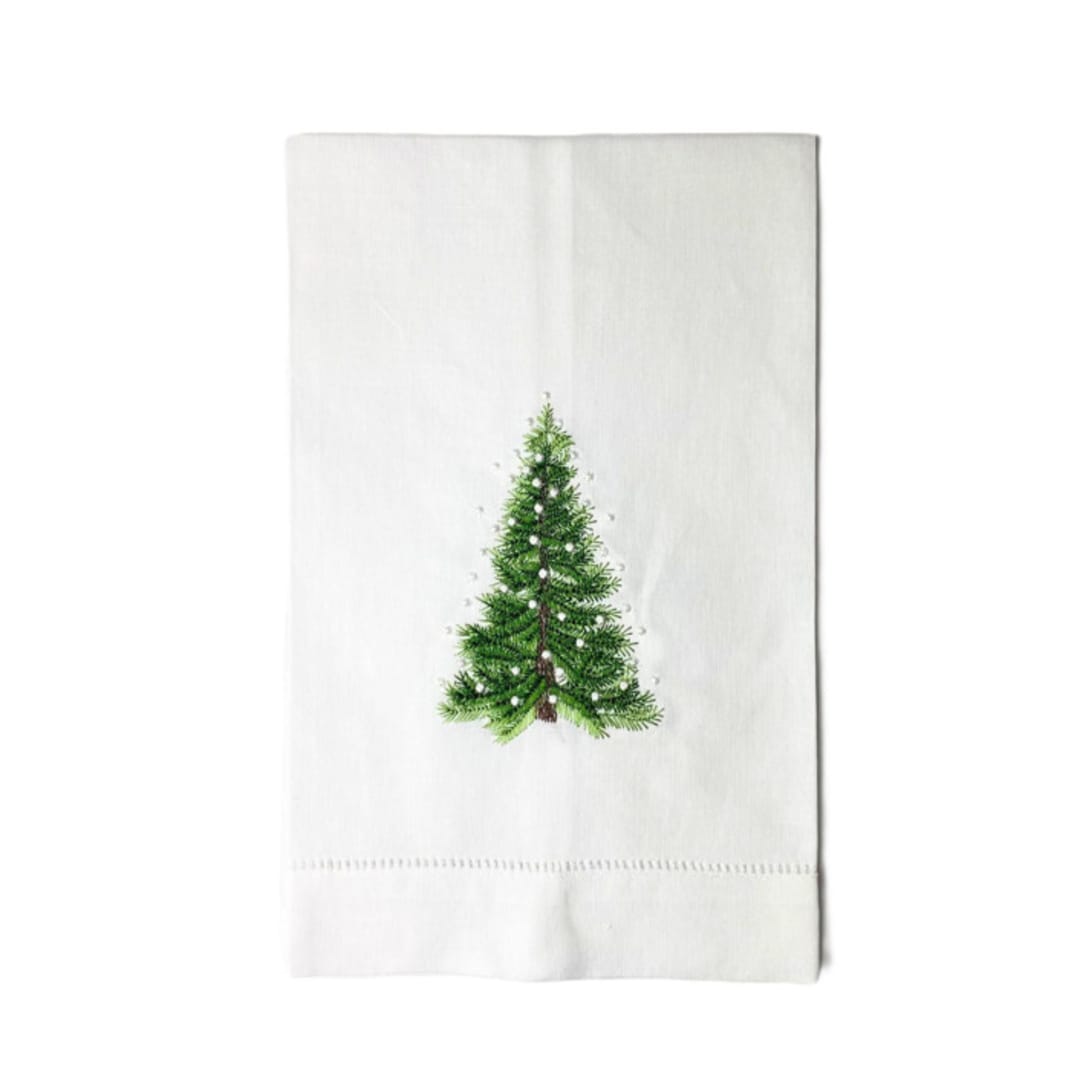 "Evergreen Tree Embroidered Hand Towel" - Tea Towels in white by Virginia Marcello
