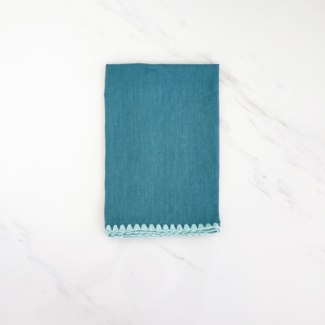 "100% Organic French Linen Teal Embroidered Tea Towel" - Tea Towels in blue by Tina Huang