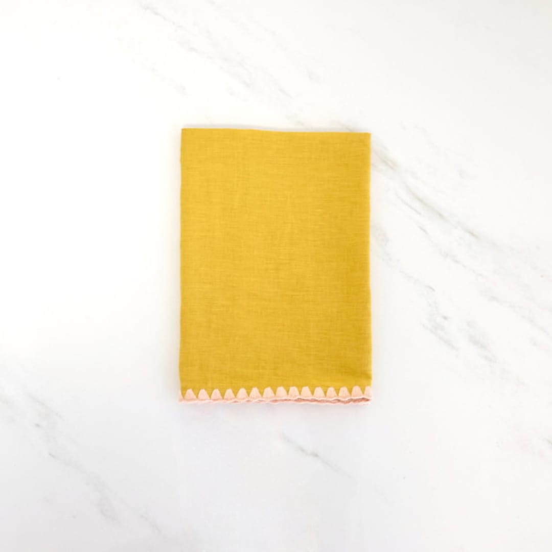 "100% Organic French Linen Mustard Embroidered Tea Towel" - Tea Towels in yellow by Tina Huang