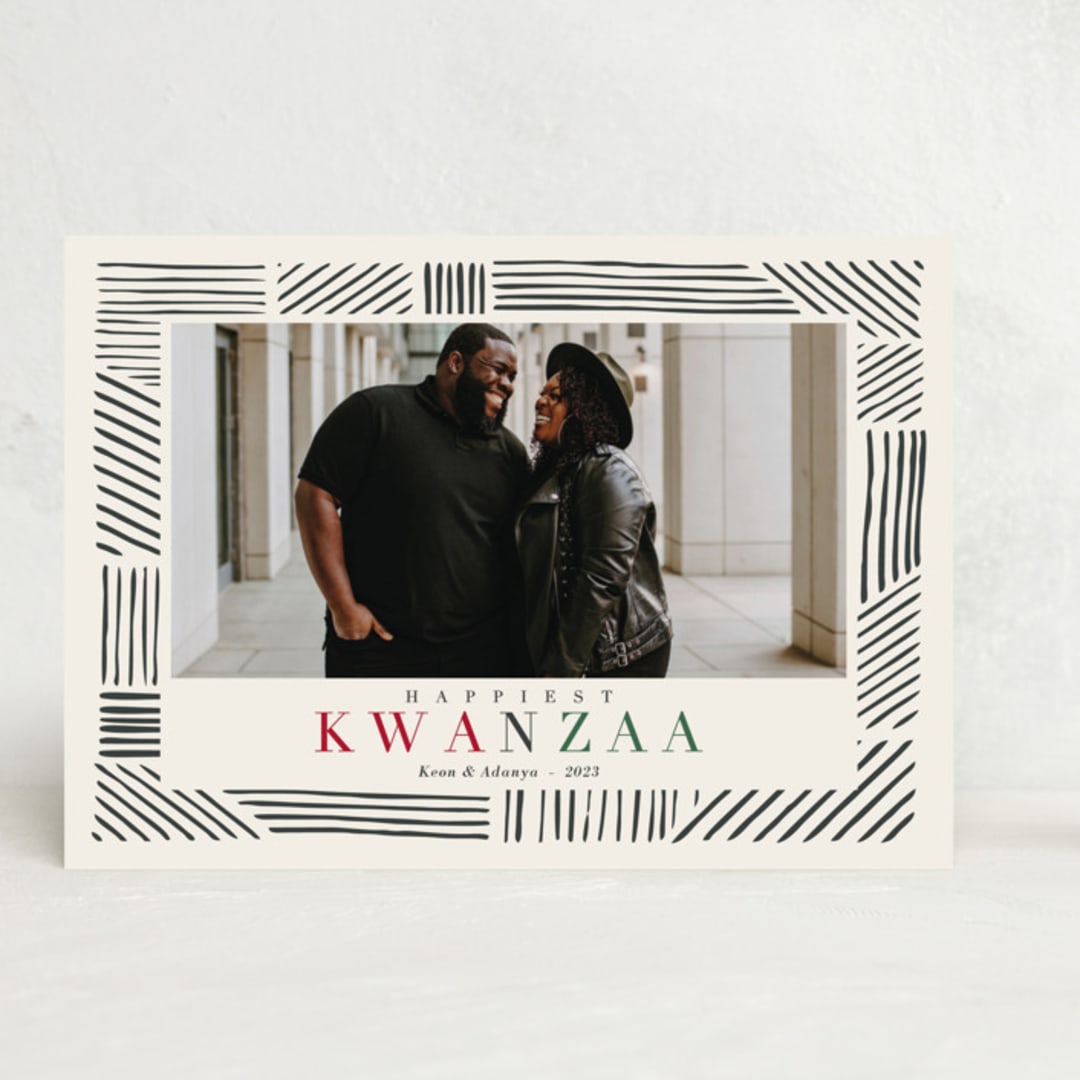 "Striped Frame" - Kwanzaa Cards in Charcoal by Oma N. Ramkhelawan - Front