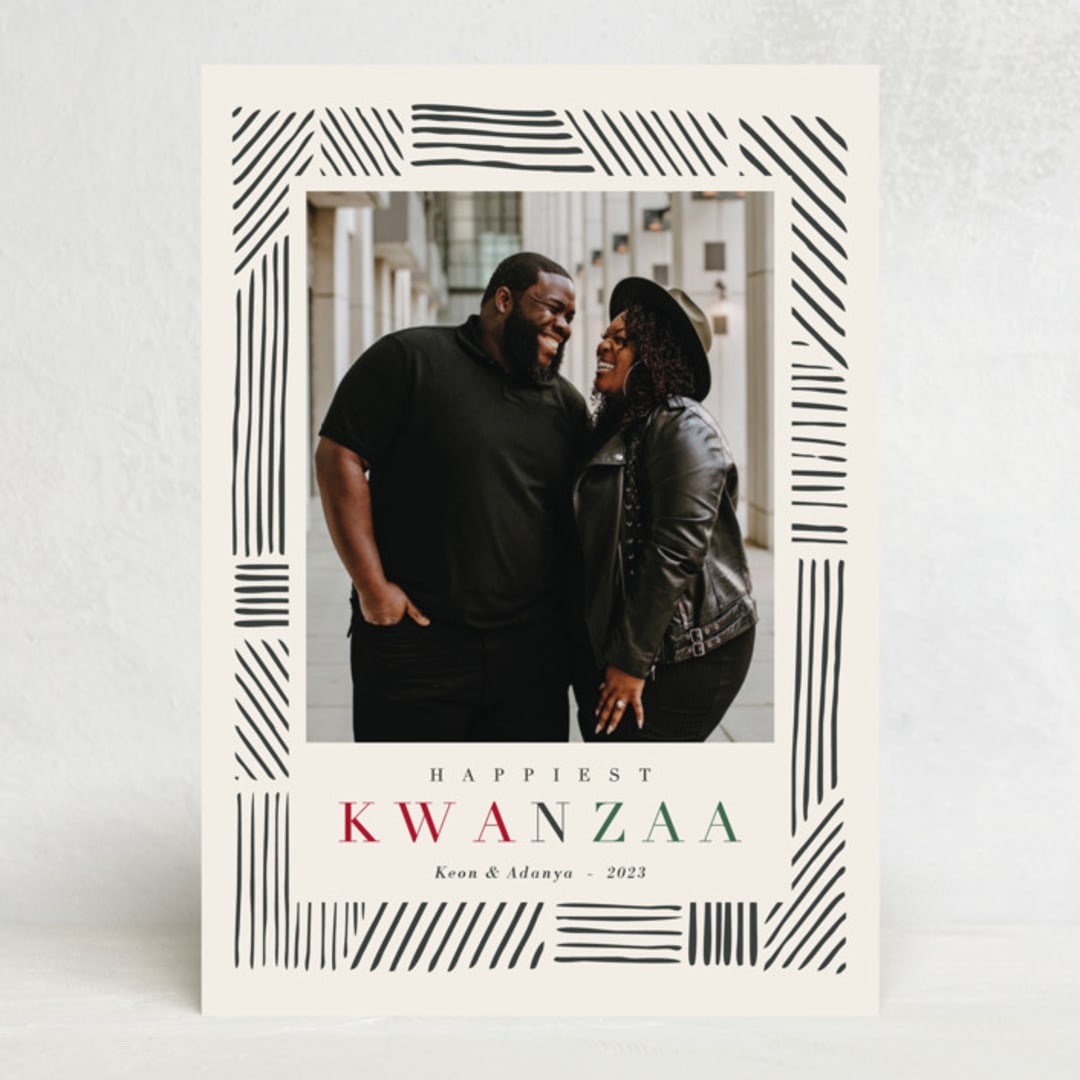 "Striped Frame" - Kwanzaa Cards in Charcoal by Oma N. Ramkhelawan - Front
