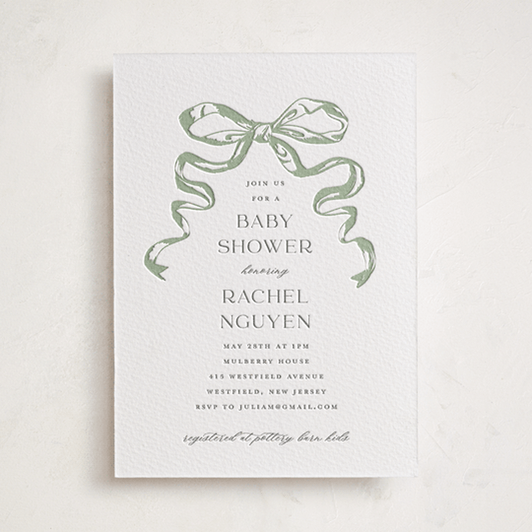 "Big Bow" - Letterpress Baby Shower Invitations in Mint by Teju Reval - Front