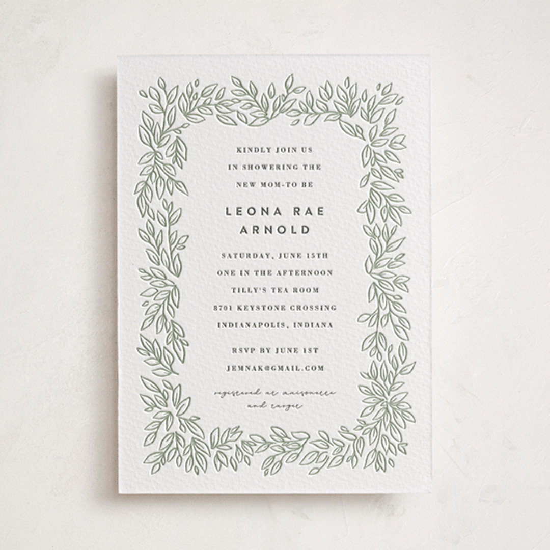 "Lovely Leaves" - Letterpress Baby Shower Invitations in Lovely Leaves by Jessie Steury - Front