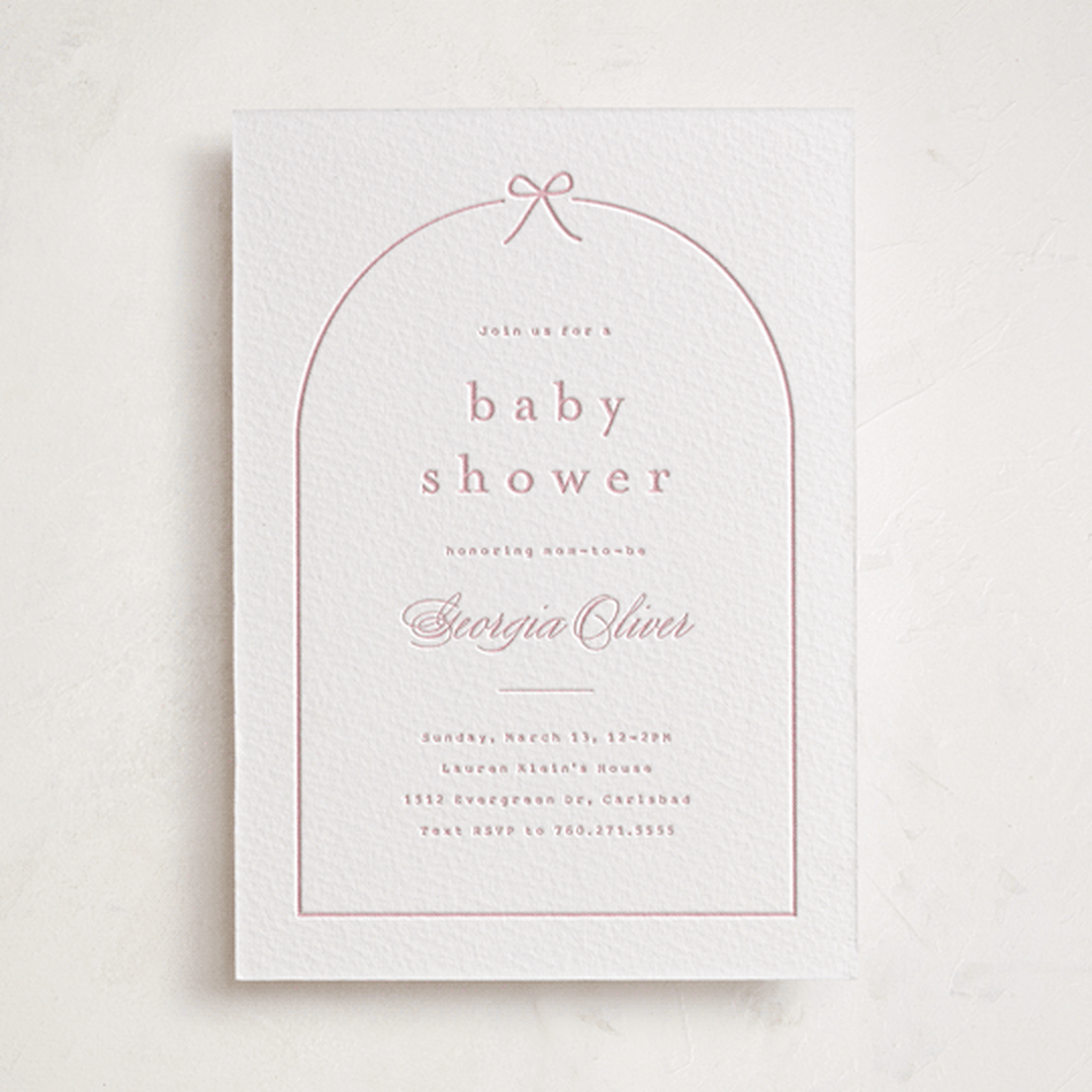 "Arching Bow" - Letterpress Baby Shower Invitations in Arching Bow by Carolyn MacLaren - Front