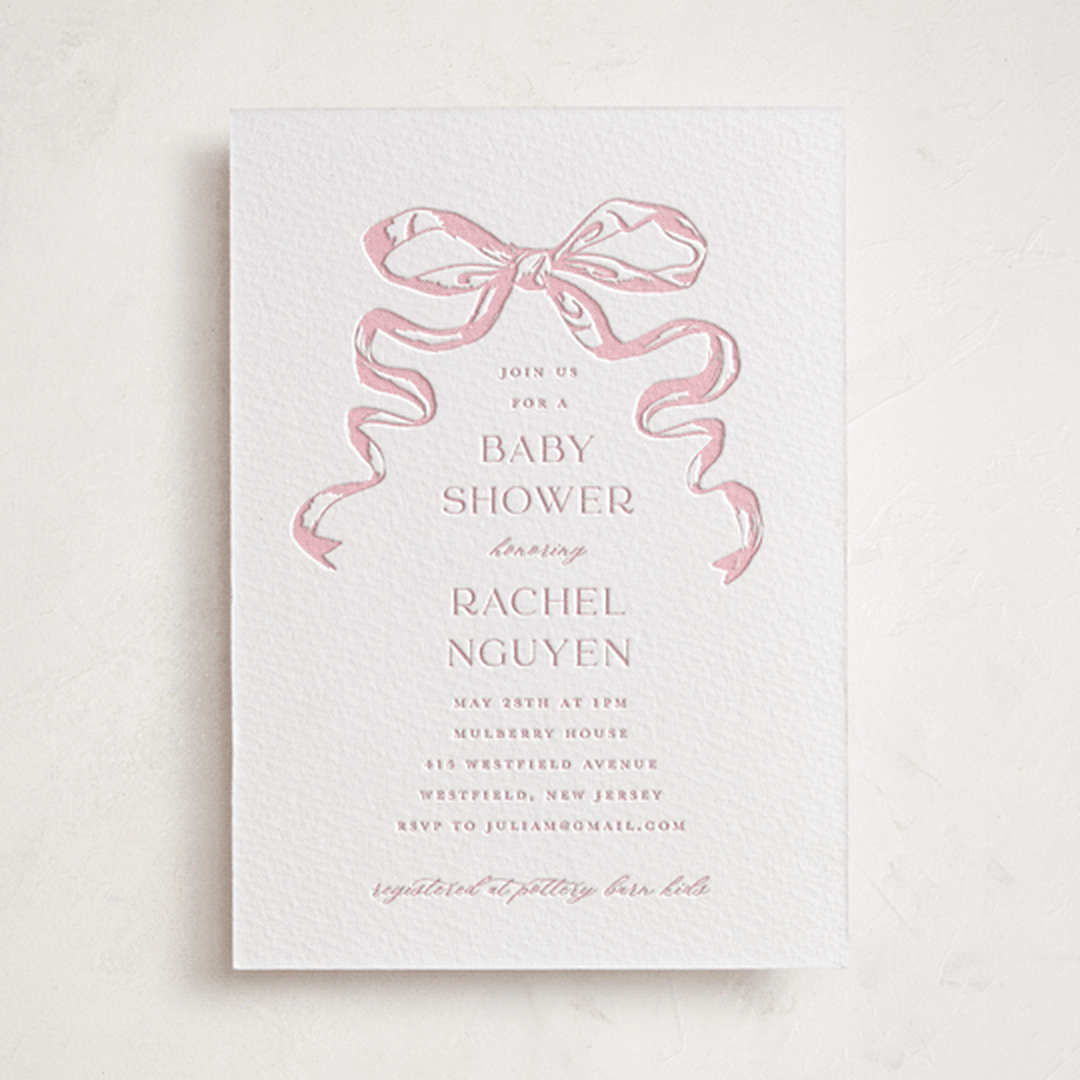 "Big Bow" - Letterpress Baby Shower Invitations in Classic Pink by Teju Reval - Front