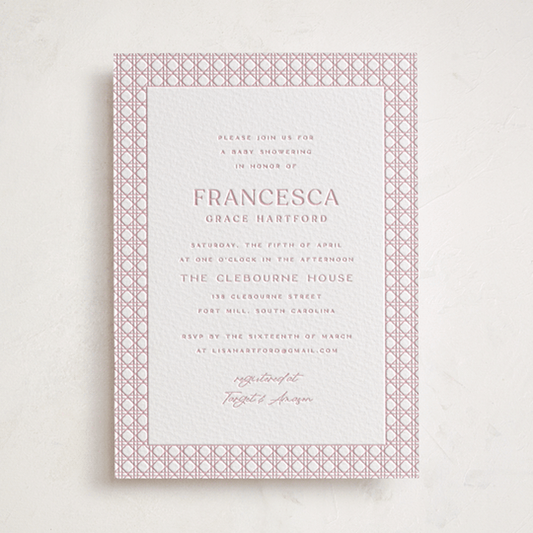 "delicate rattan" - Letterpress Baby Shower Invitations in Classic Pink by Ellen Schlegelmilch - Front