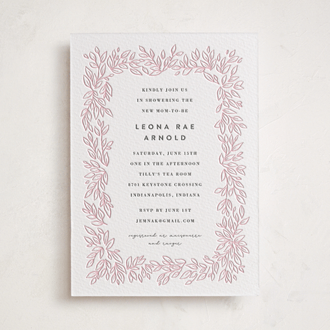 "Lovely Leaves" - Letterpress Baby Shower Invitations in Classic Pink by Jessie Steury - Front