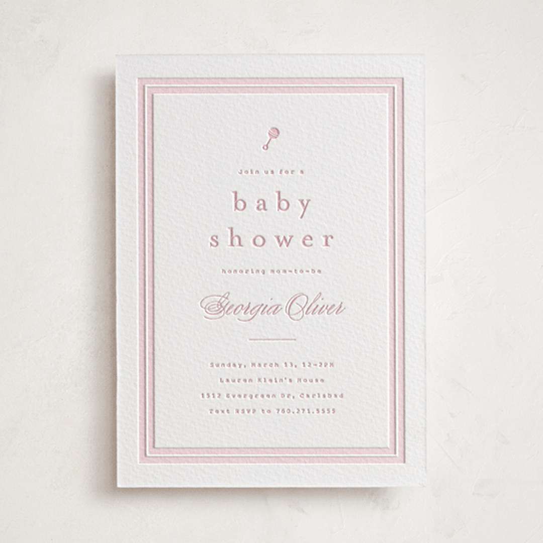 "Classic Start" - Letterpress Baby Shower Invitations in Classic Pink by Carolyn MacLaren - Front