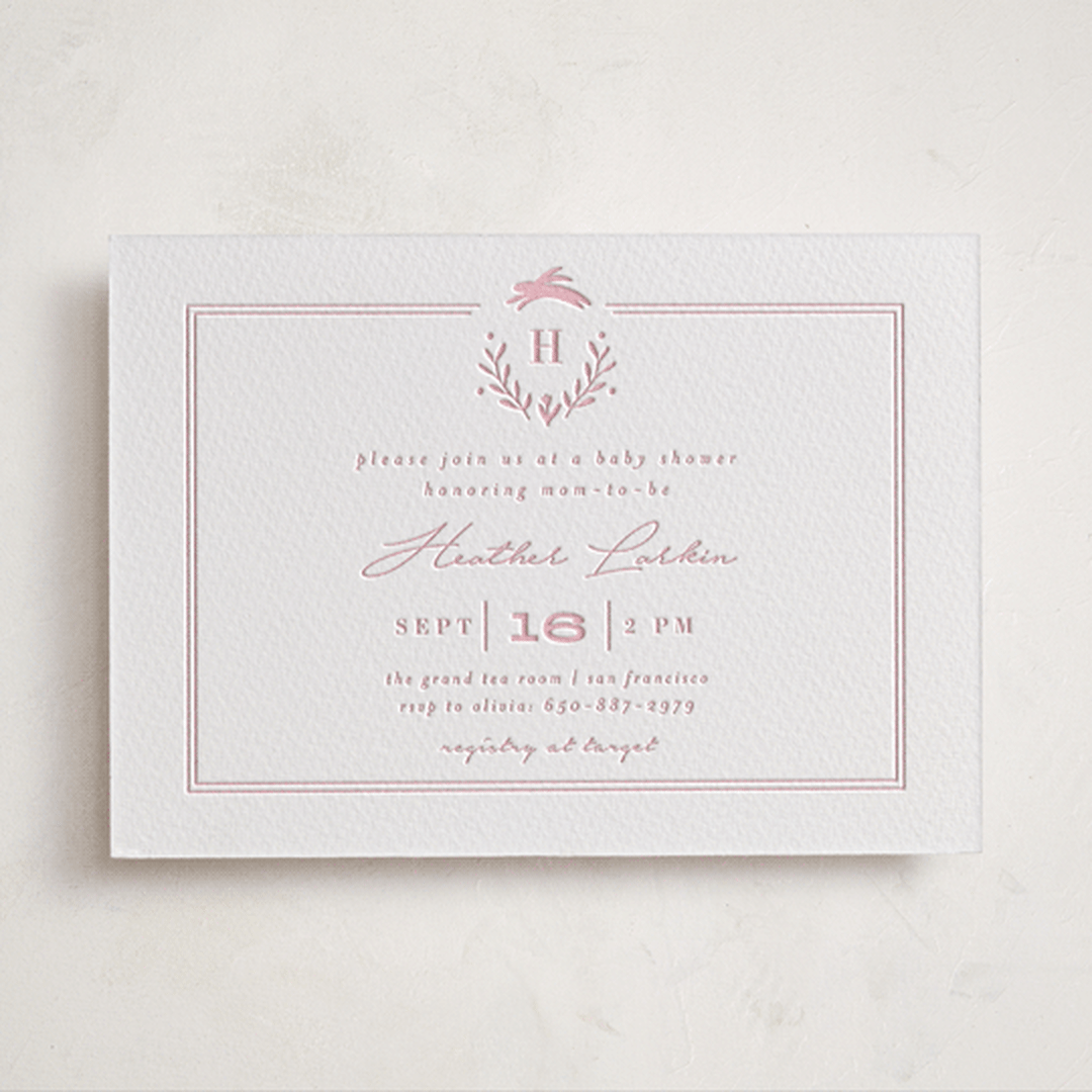 "Classic Baby Monogram" - Letterpress Baby Shower Invitations in Classic Pink by Susan Brown - Front