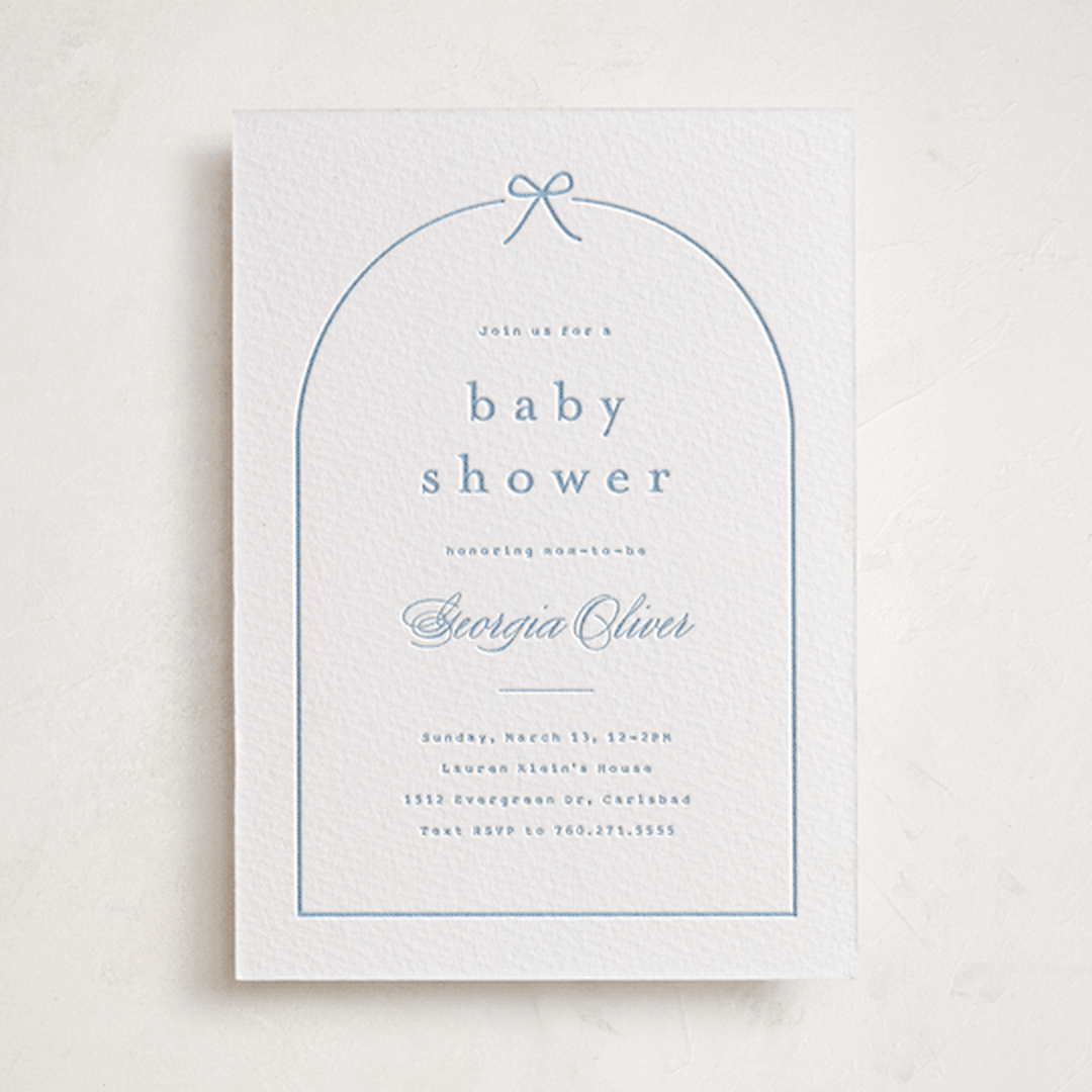 "Arching Bow" - Letterpress Baby Shower Invitations in Arching Bow by Carolyn MacLaren - Front