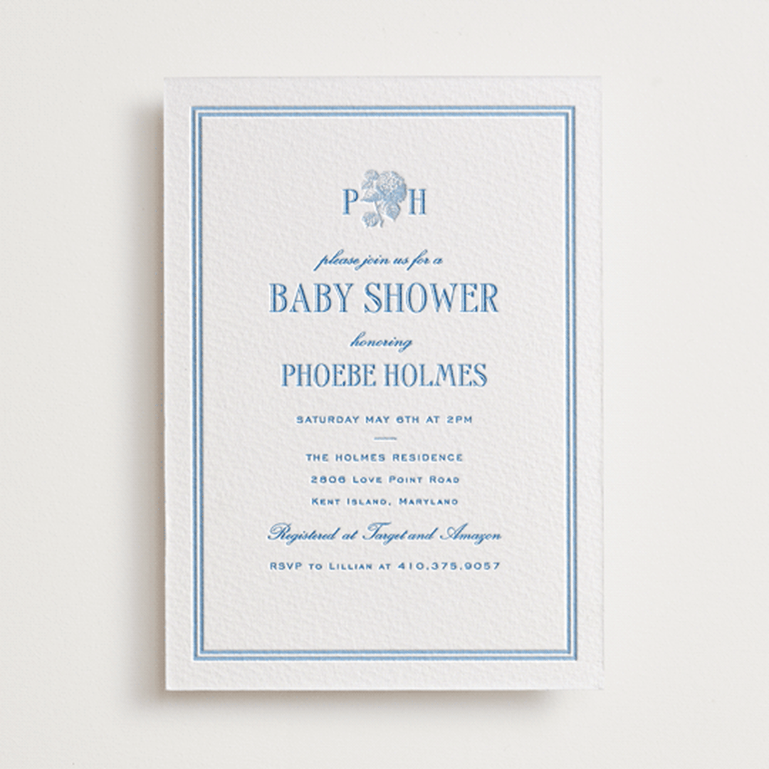"Cheseapeake" - Letterpress Baby Shower Invitations in Sky Blue by Megan Davis - Front