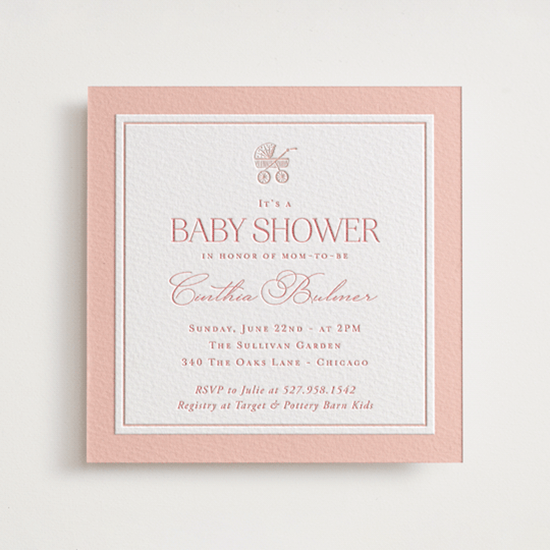 "The Little Heirloom" - Letterpress Baby Shower Invitations in Rose by Lucrecia Caporale - Front