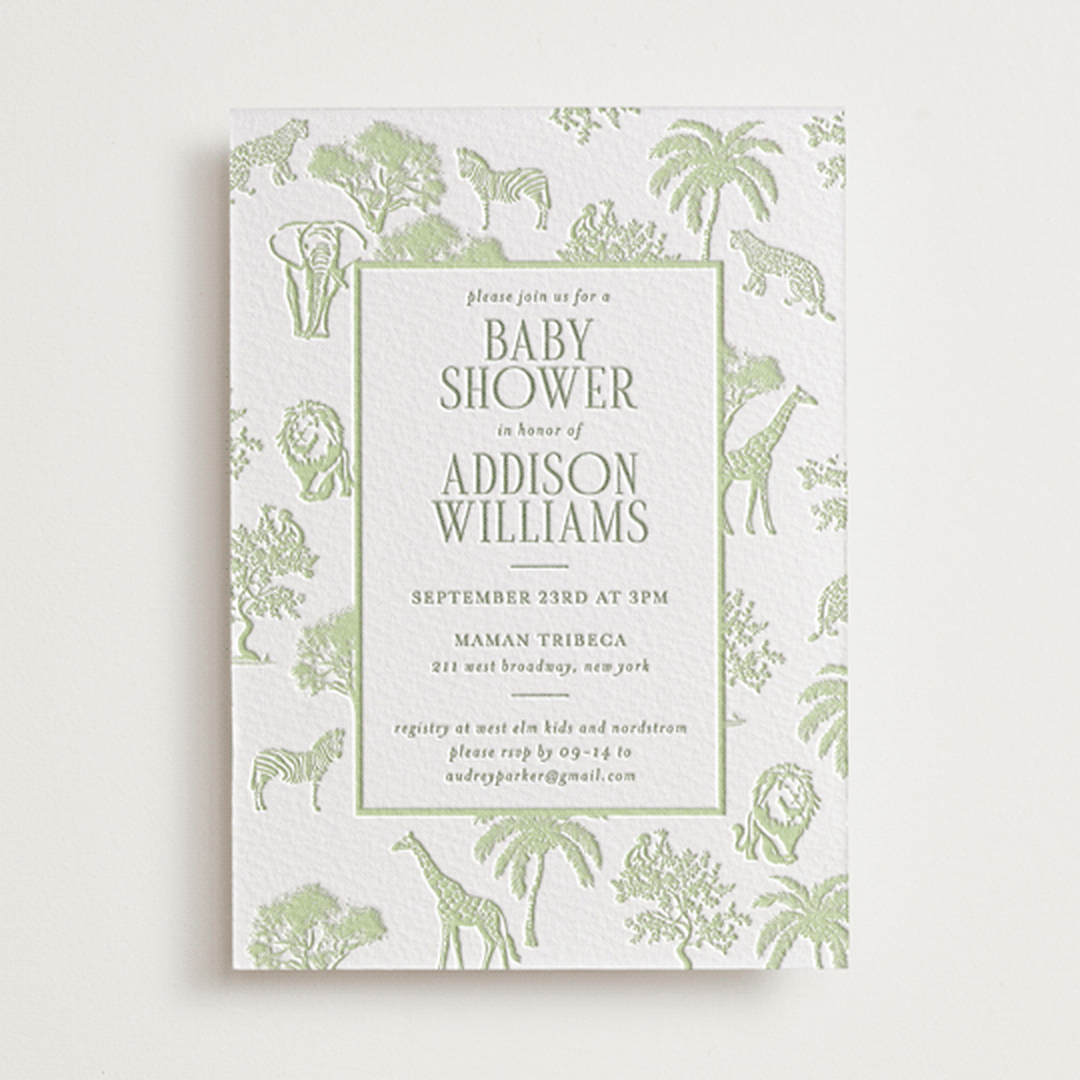 "Safari Toile" - Letterpress Baby Shower Invitations in Mint by Jenna Holcomb - Front
