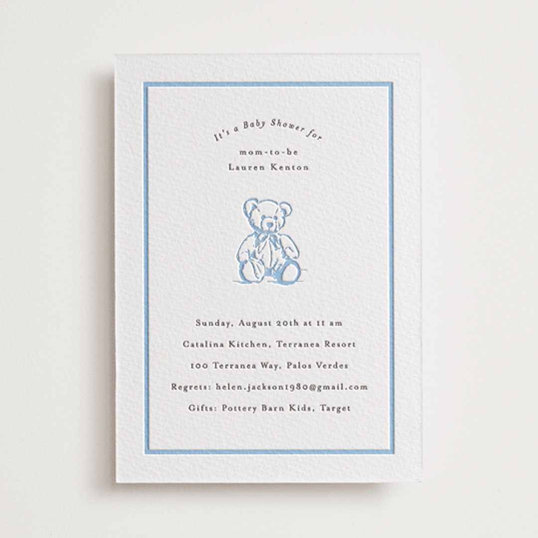 "Antique Teddy Bear" - Letterpress Baby Shower Invitations in Sky Blue by Becky Nimoy - Front