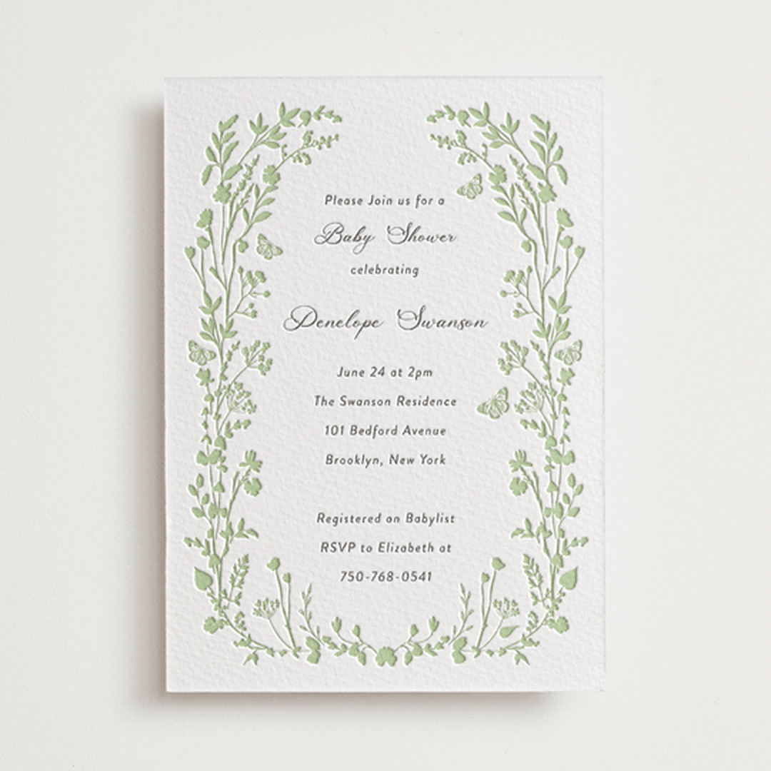 "Flower Garden" - Letterpress Baby Shower Invitations in Tea Green by Susan Moyal - Front
