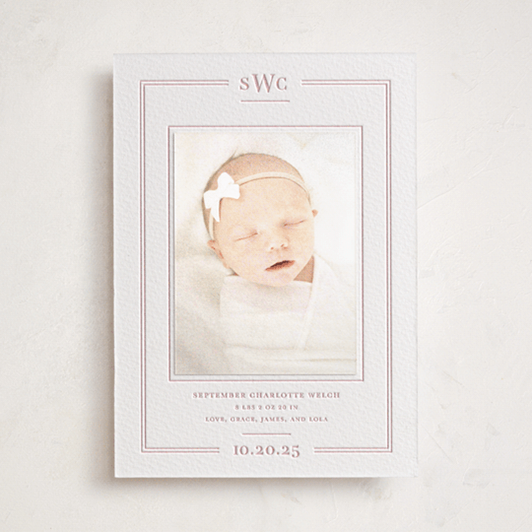 "Alcott" - Letterpress Birth Announcement Photo Mount Cards in Classic Pink by Meagan Christensen - Front