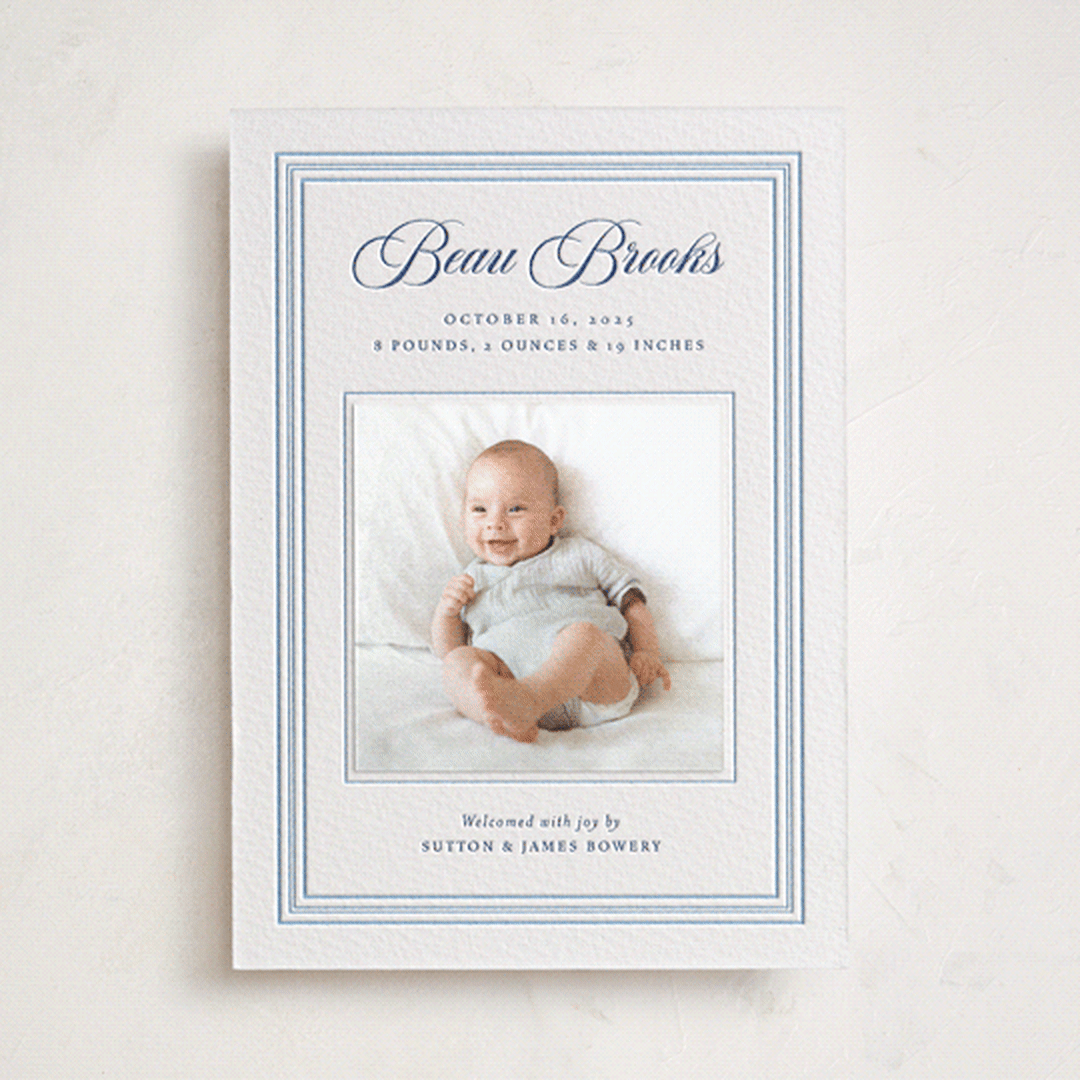 "Little Darling" - Letterpress Birth Announcement Photo Mount Cards in Sky Blue by Alston Foster - Front