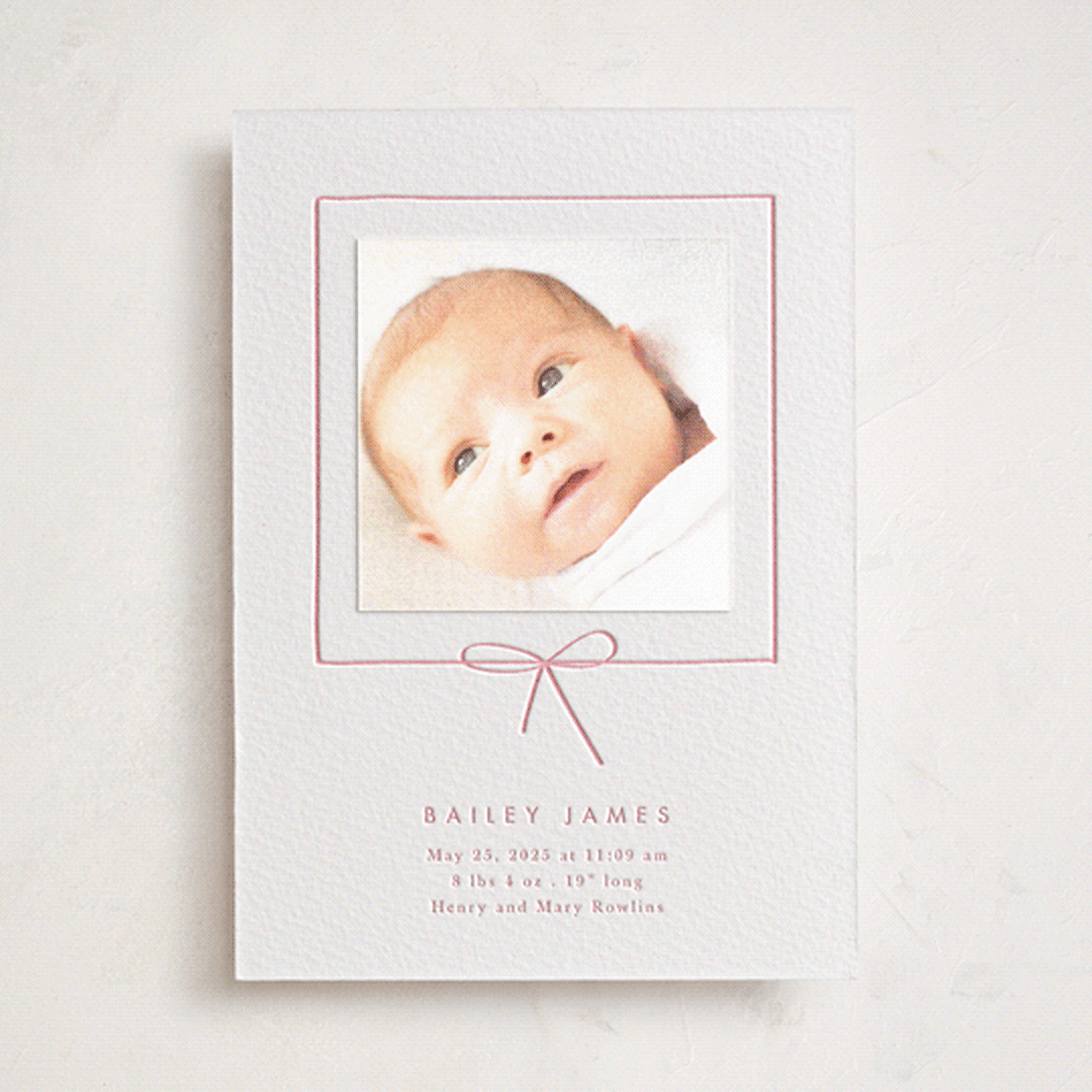 "Little Bow" - Letterpress Birth Announcement Photo Mount Cards in Strawberry by Baumbirdy - Front
