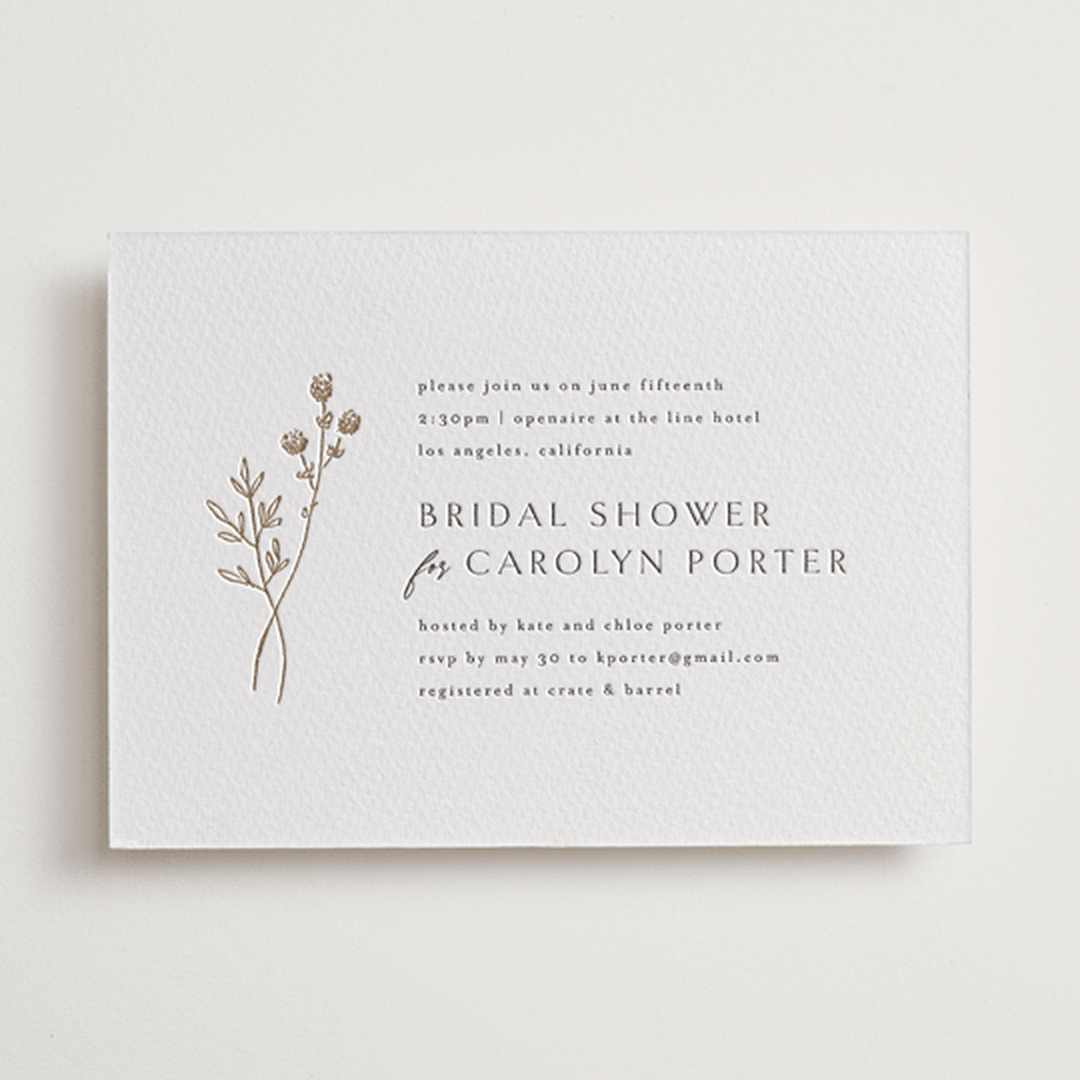 "rustic elegance" - Letterpress Bridal Shower Invitations in Matte Gold by Kelly Schmidt - Front