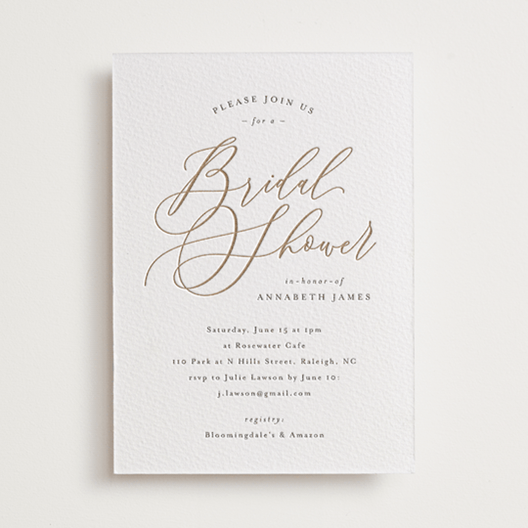 "Posh" - Letterpress Bridal Shower Invitations in Matte Gold by Melanie Kosuge - Front