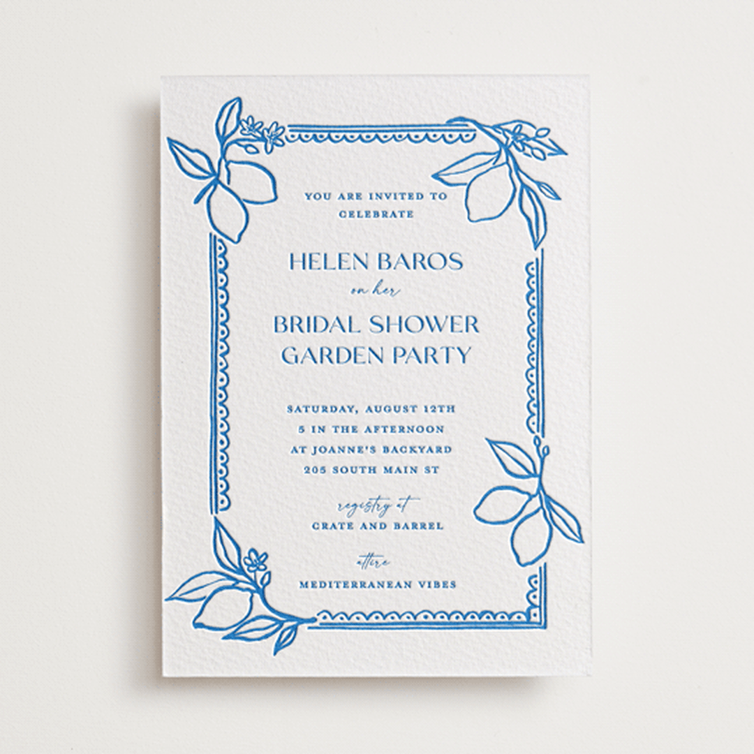 "Mediterraneo" - Letterpress Bridal Shower Invitations in Sapphire by Pati Cascino - Front