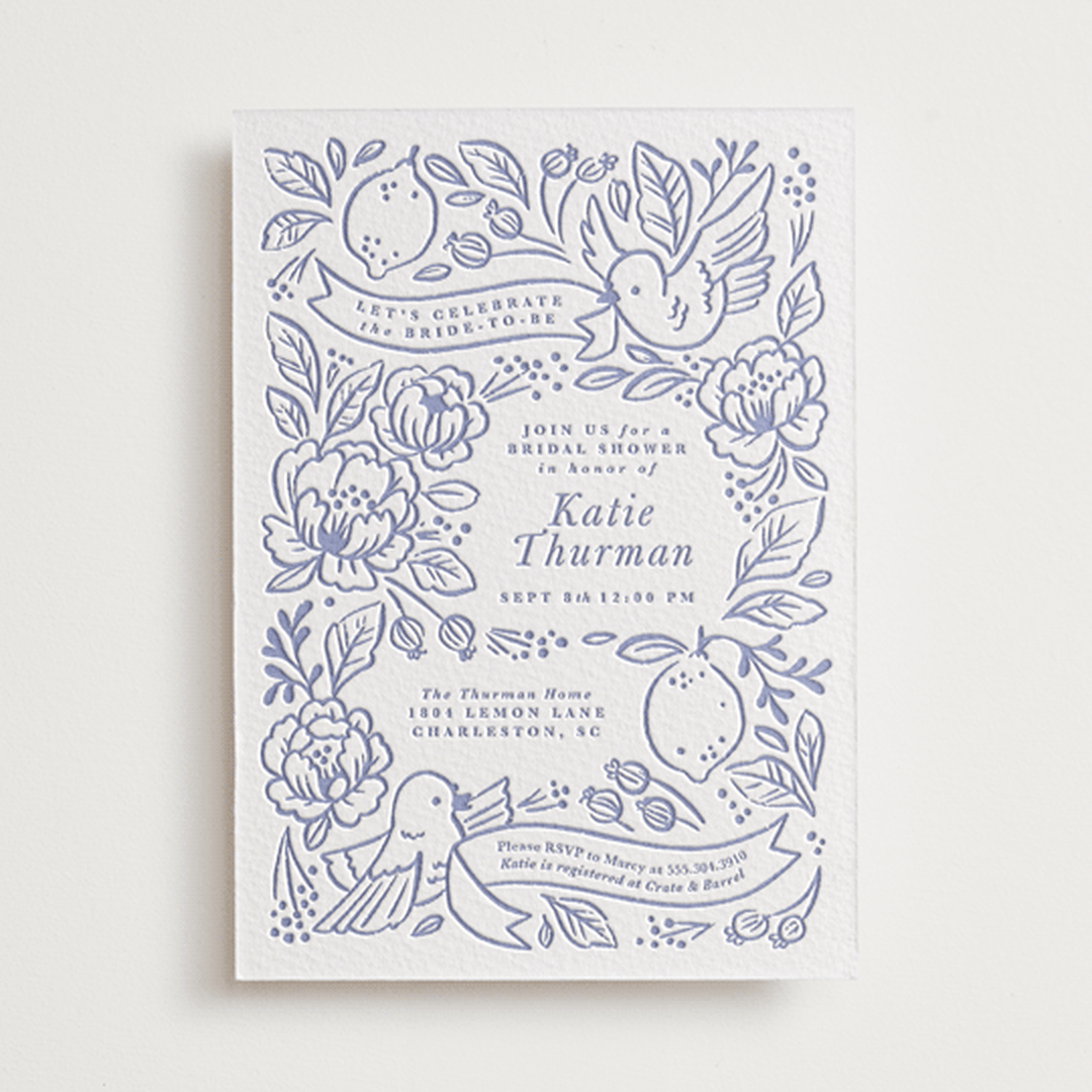 "Love Birds" - Letterpress Bridal Shower Invitations in Periwinkle by Rebecca Smith - Front