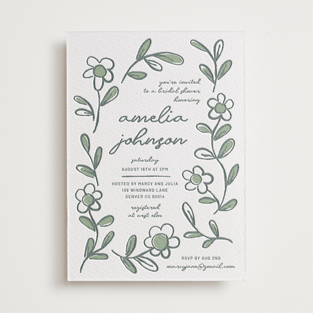 "Blooming" - Letterpress Bridal Shower Invitations in Mint by Kelly Watkins - Front