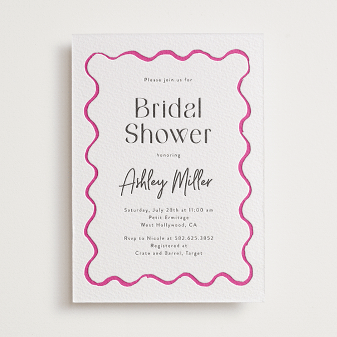 "handdrawn wavy frame" - Letterpress Bridal Shower Invitations in Neon Pink by Cass Loh - Front