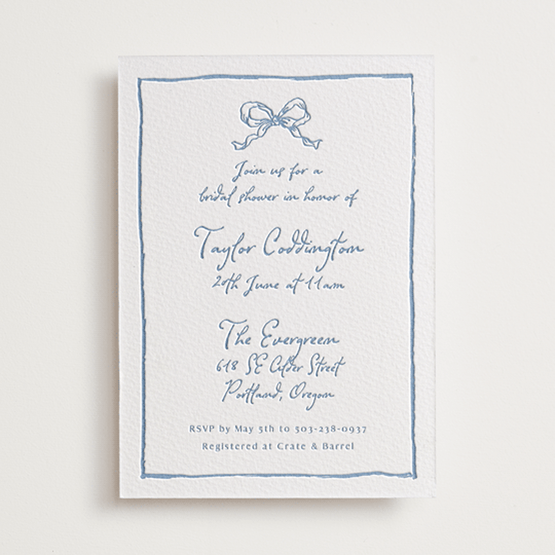 "ribbon bow drawing" - Letterpress Bridal Shower Invitations in Provincial Blue by Cass Loh - Front
