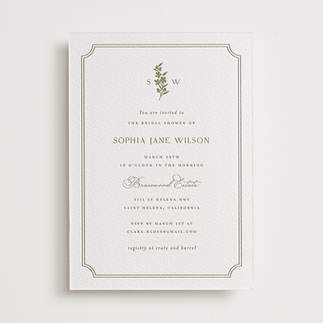 "Simply Elegant" - Letterpress Bridal Shower Invitations in Pistachio by Yaling Hou Suzuki - Front